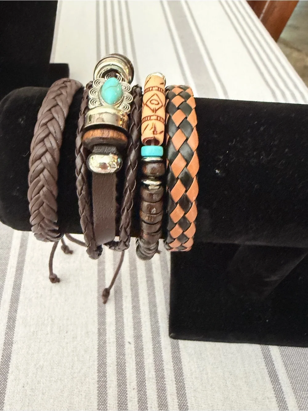 Brown and Turquoise Men's Braided Leather Bracelet Set